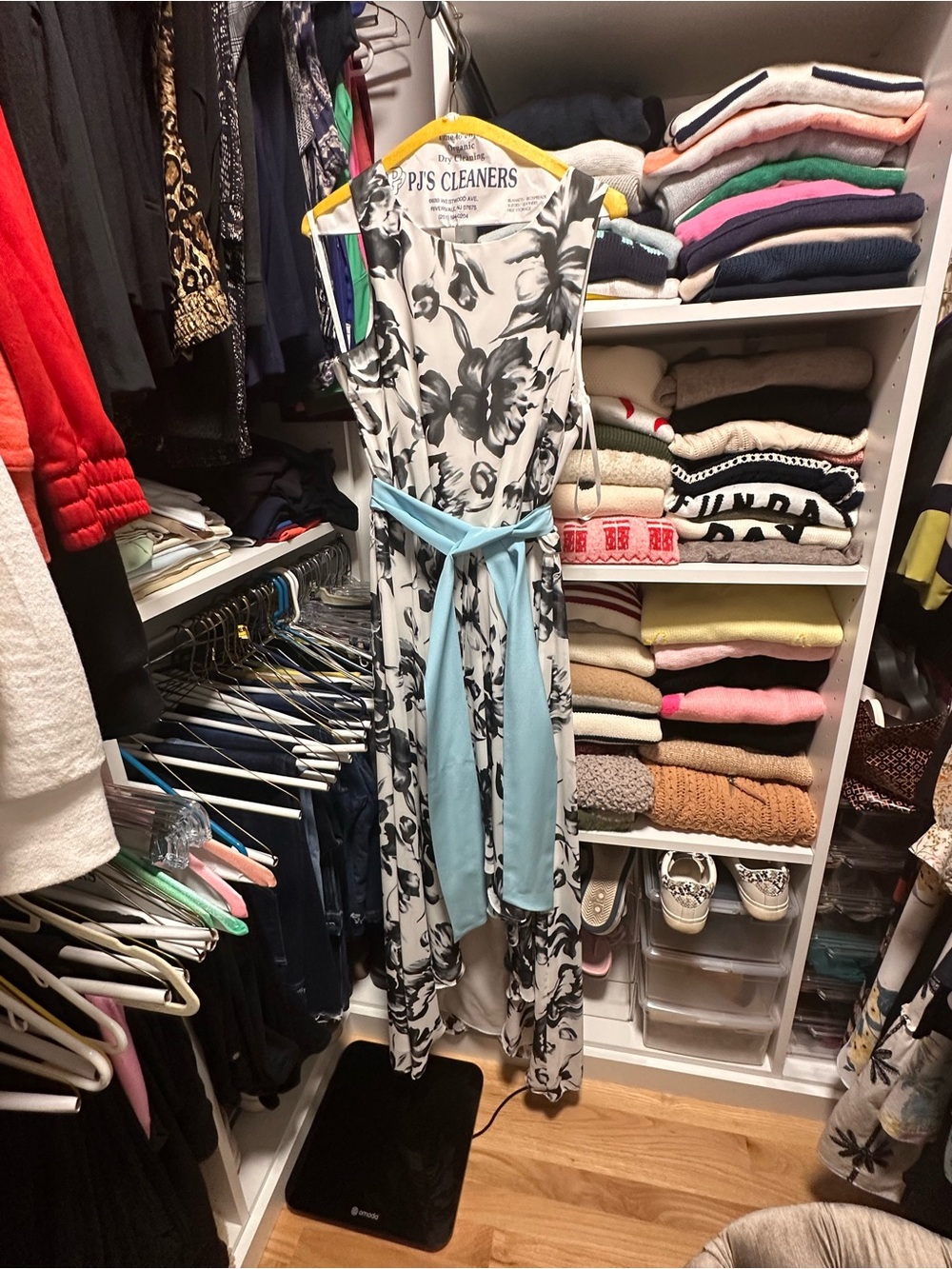 White House Black Market Black & White Floral Jumpsuit with Light Blue Sash